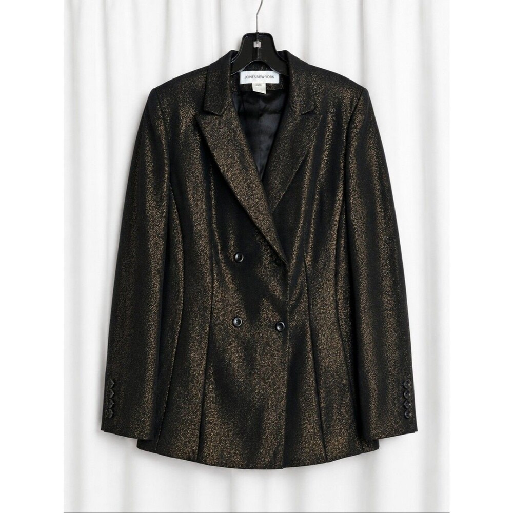 Jones New York Y2K Brown Gold Metallic Double Breasted Quiet Luxury Chic Blazer